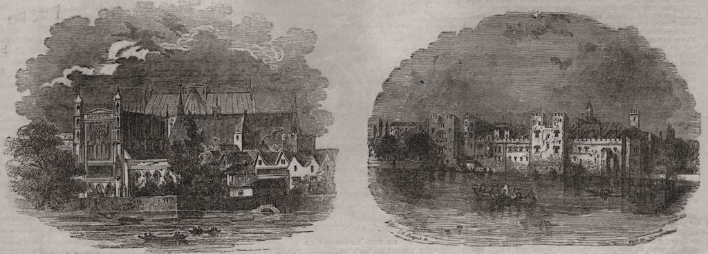 Houses of Parliament from the river, time of Charles II; Savoy Palace c1843